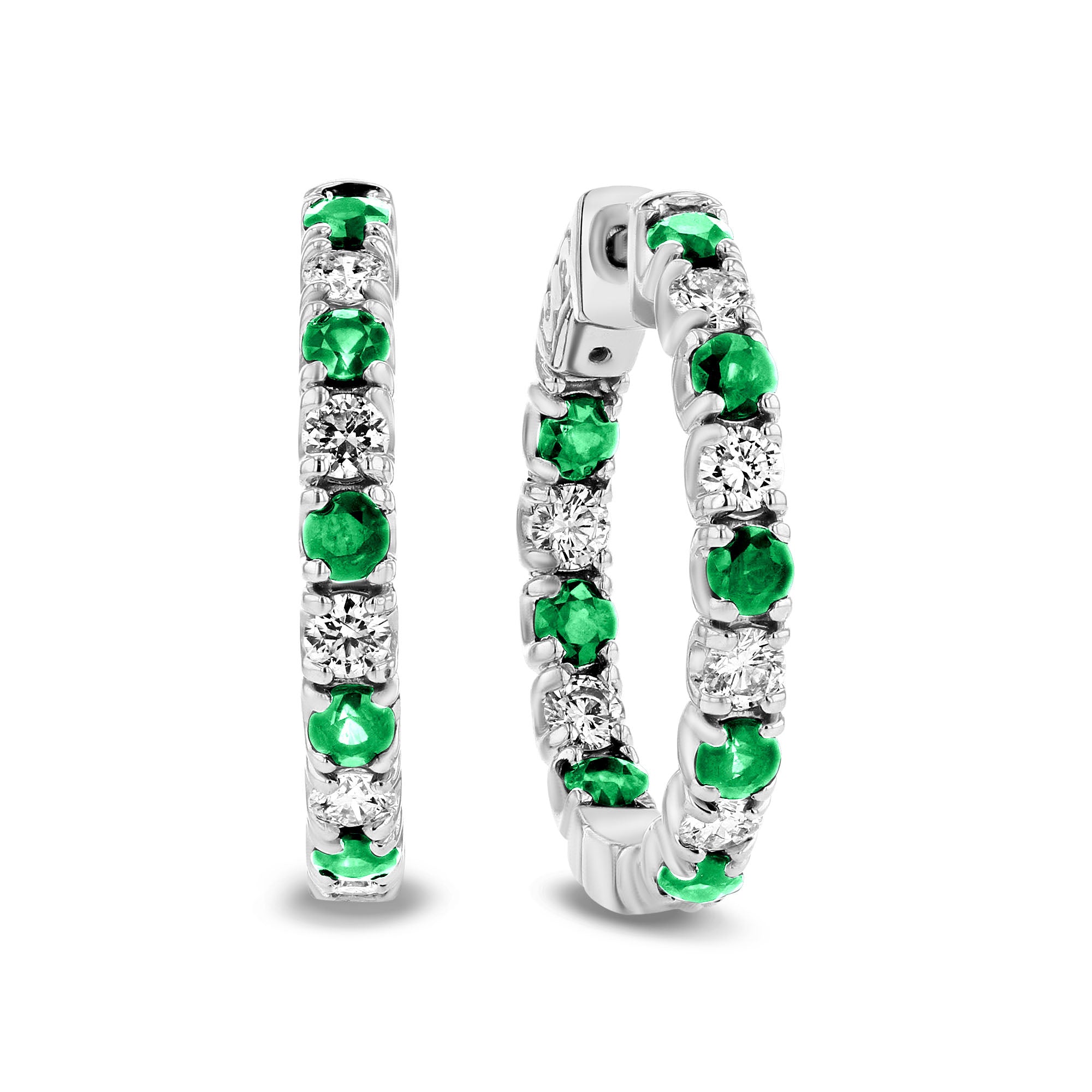 Diamond and Emerald Hoop Earrings in 14k White Gold 3.58ctw