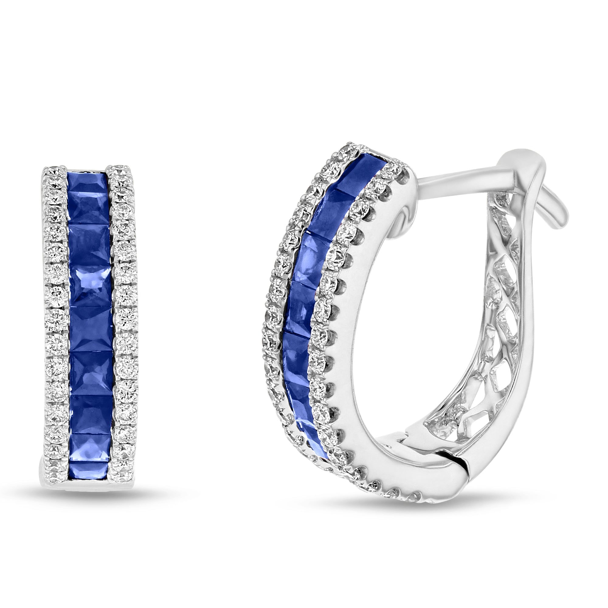 Diamonds and Sapphire Half Moon Hoop Earring in 18k White Gold