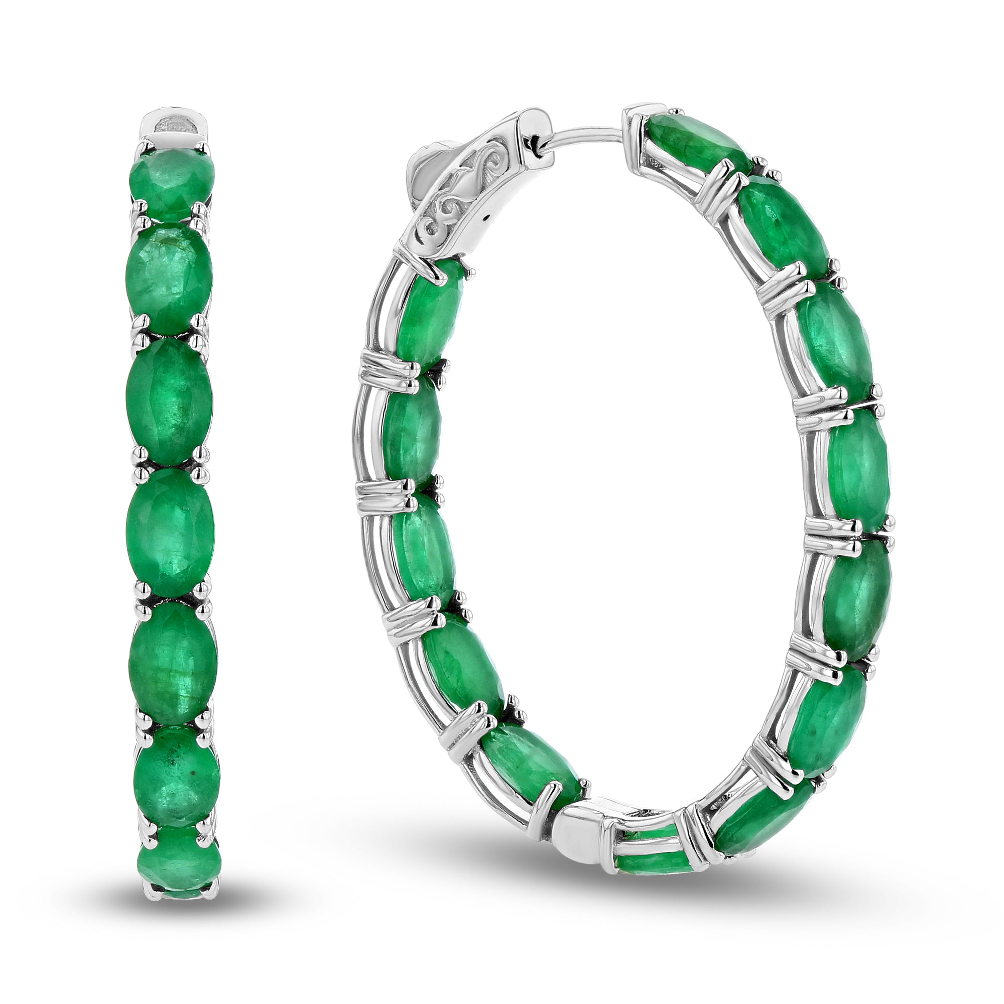 Emerald Oval Hoop Earrings in 14k White Gold 10.50ctw