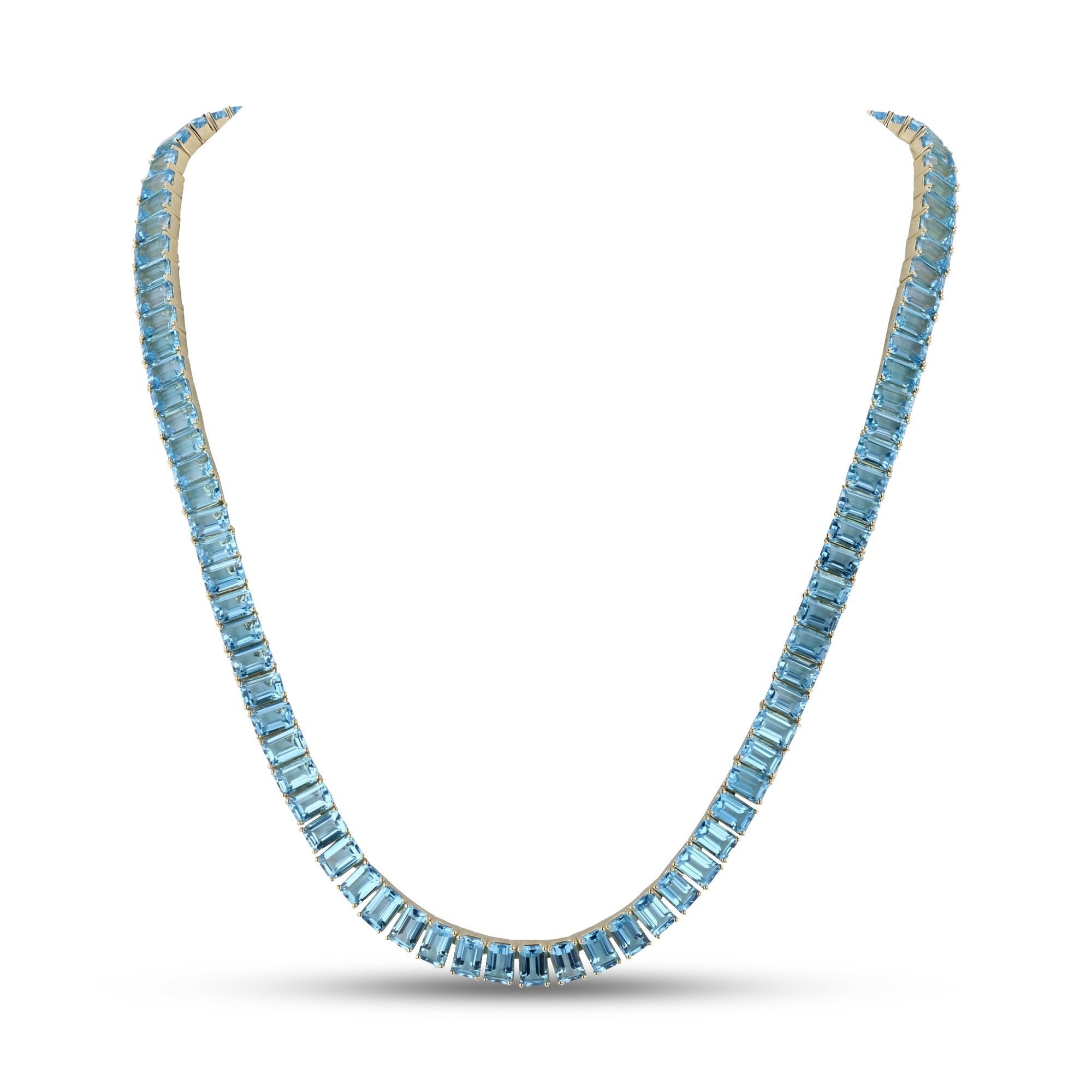 Emerald Cut Blue Topaz Necklace in 14k Yellow Gold 74 c.t.w.