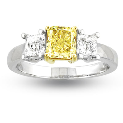 1.50 ct Natural Fancy Yellow Three Stone Diamond Engagement Ring in Platinum and 18k