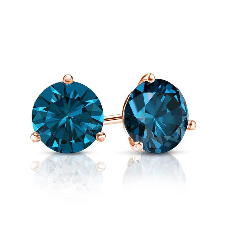 Martini Solitaire Lab Created Blue Diamond Stud Earrings in 14K Yellow Gold